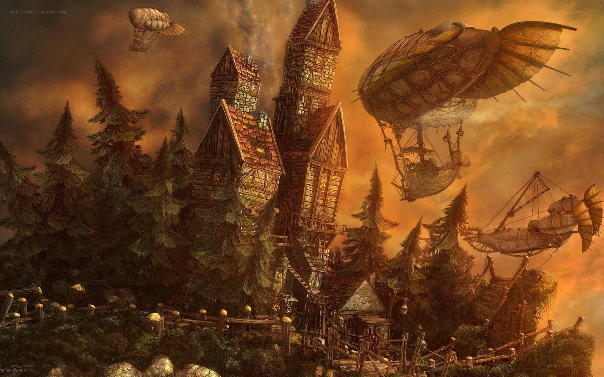 Steampunk village at dusk