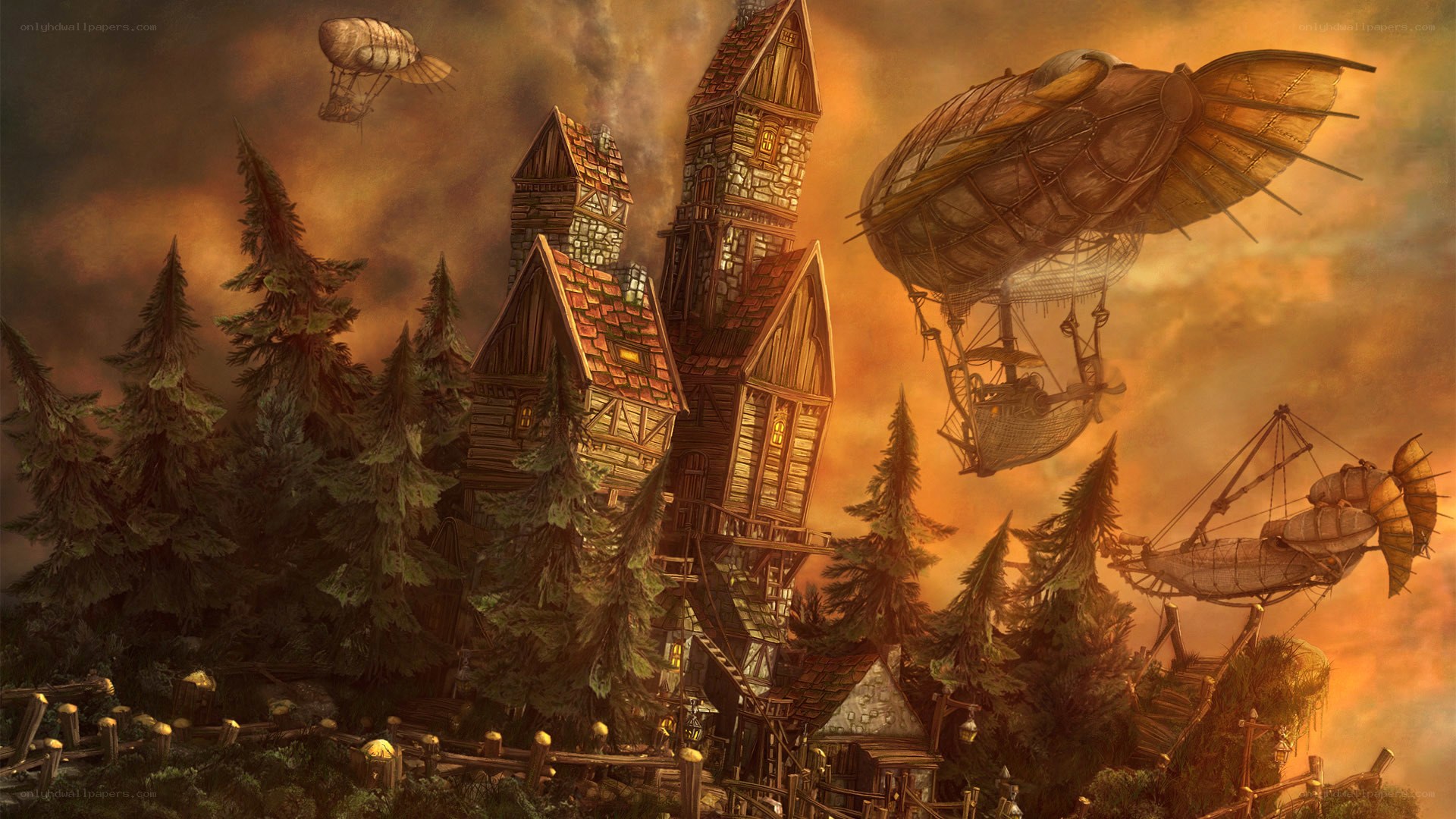 Steampunk village at dusk