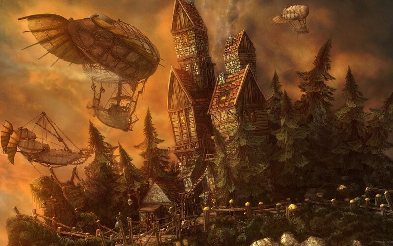 Steampunk Village in Forest — Brown