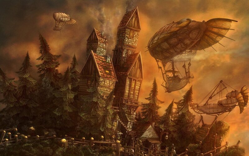Steampunk village with airships