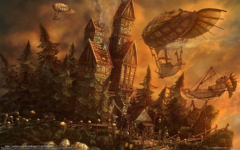 Steampunk village with airships