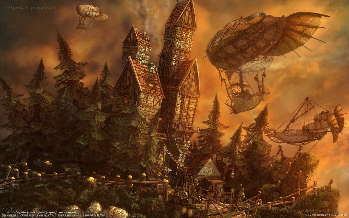 Steampunk village with airships