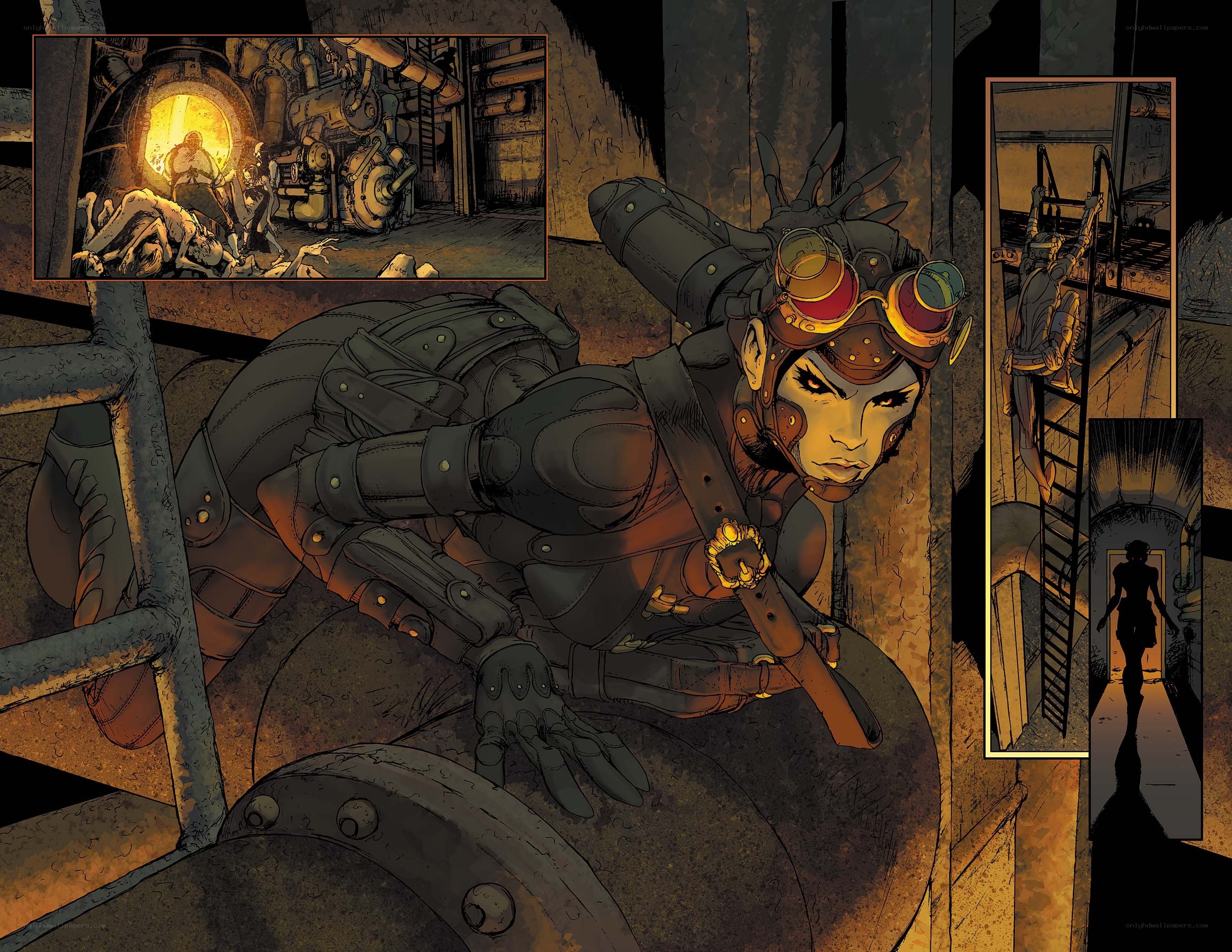 steampunk warrior in industrial setting