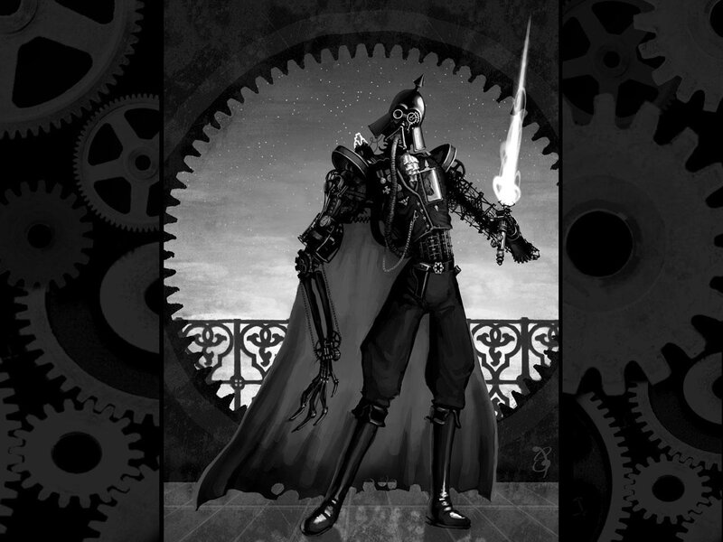 steampunk warrior with glowing sword