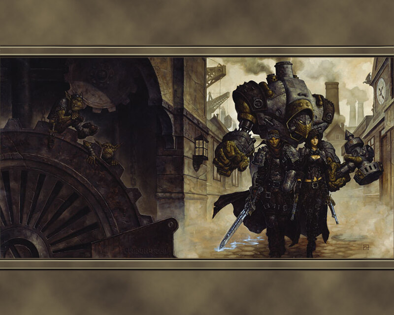 steampunk warriors in industrial city