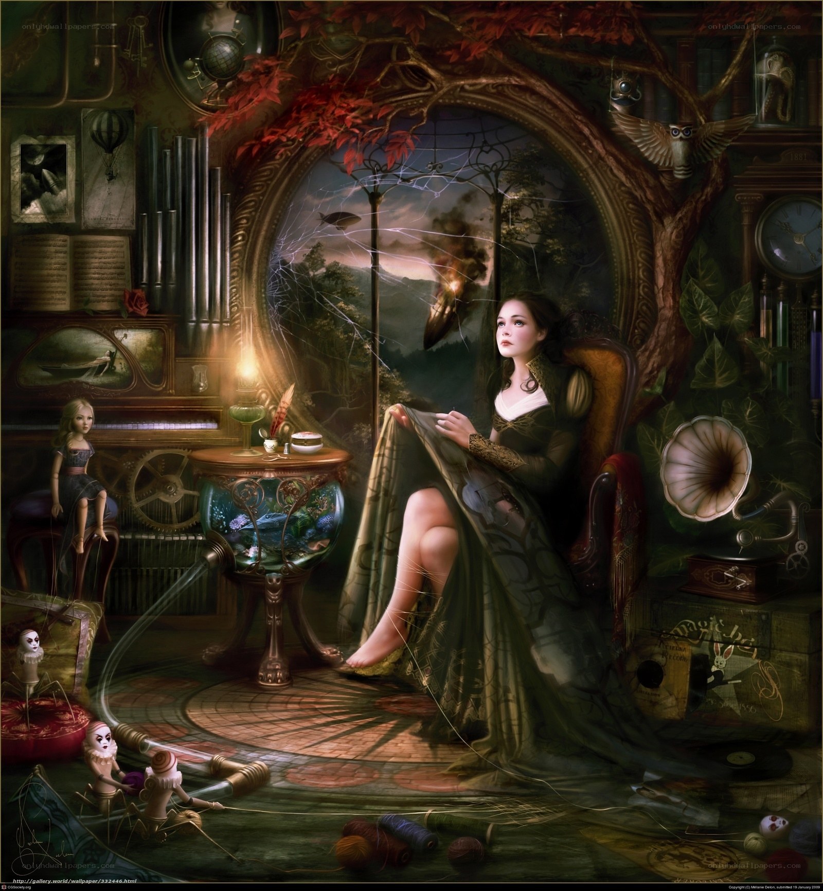 Steampunk woman in a magical room