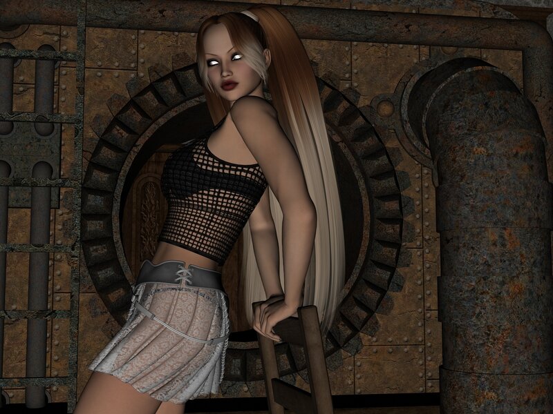 steampunk woman in industrial setting