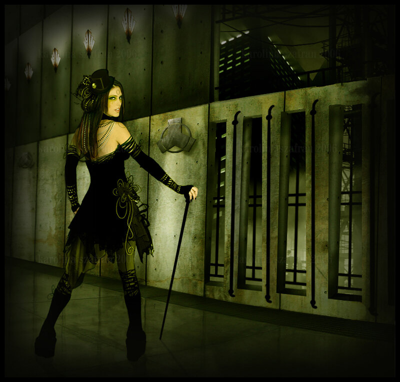 steampunk woman in industrial setting