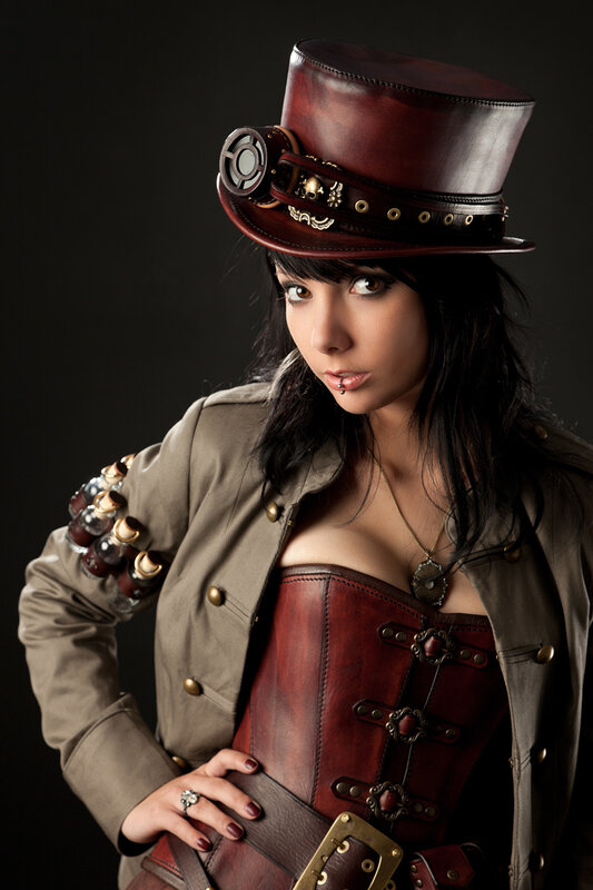 steampunk woman in leather outfit