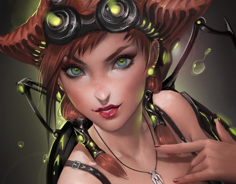 steampunk woman with glowing goggles