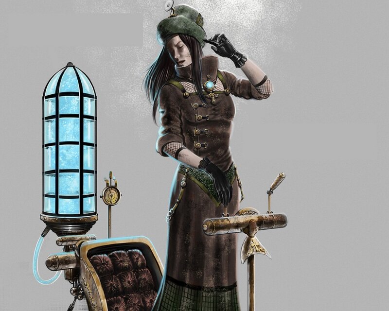 steampunk woman with machine