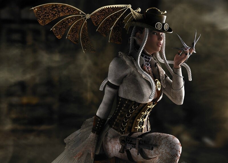 steampunk woman with mechanical wings