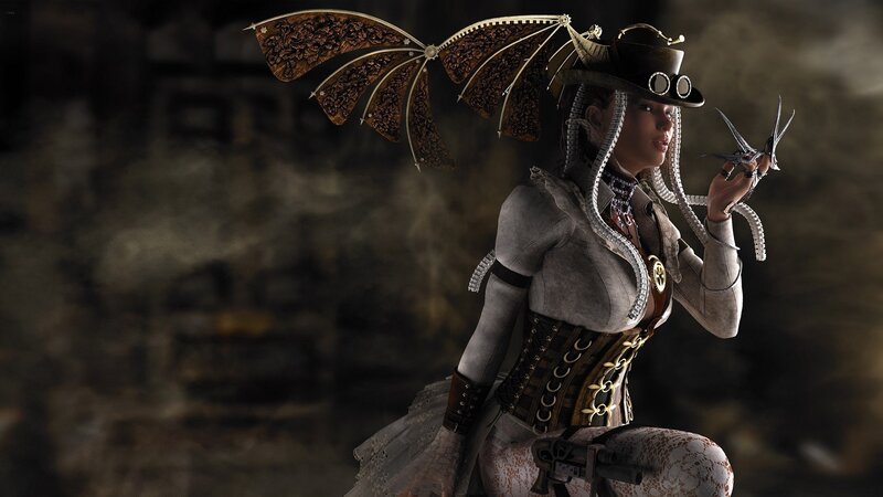 steampunk woman with mechanical wings