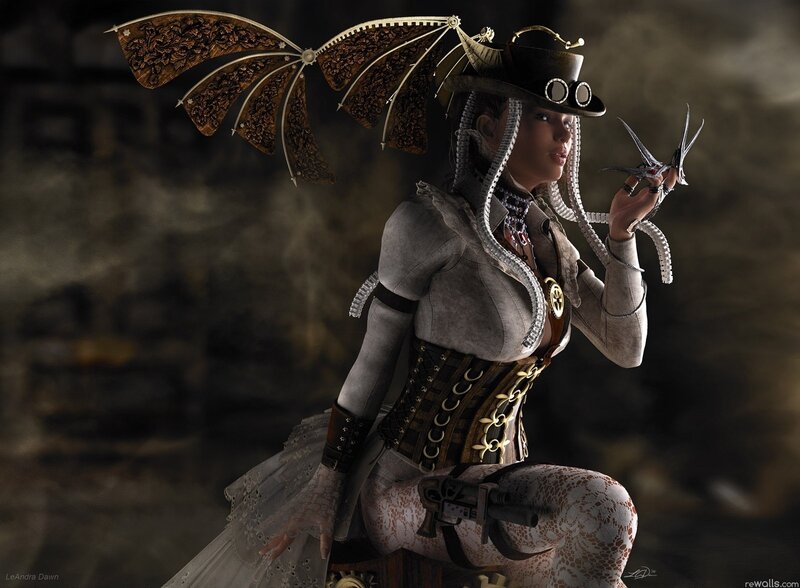steampunk woman with mechanical wings