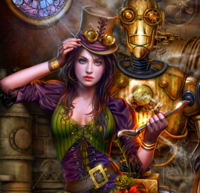 Steampunk woman with robot