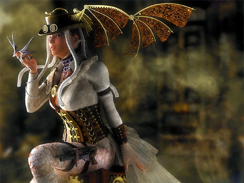 Steampunk Woman with Wings — Brown, Dramatic, Digital Art, Corset