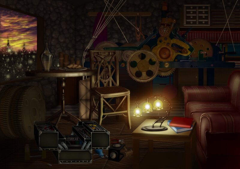 steampunk workshop at dusk
