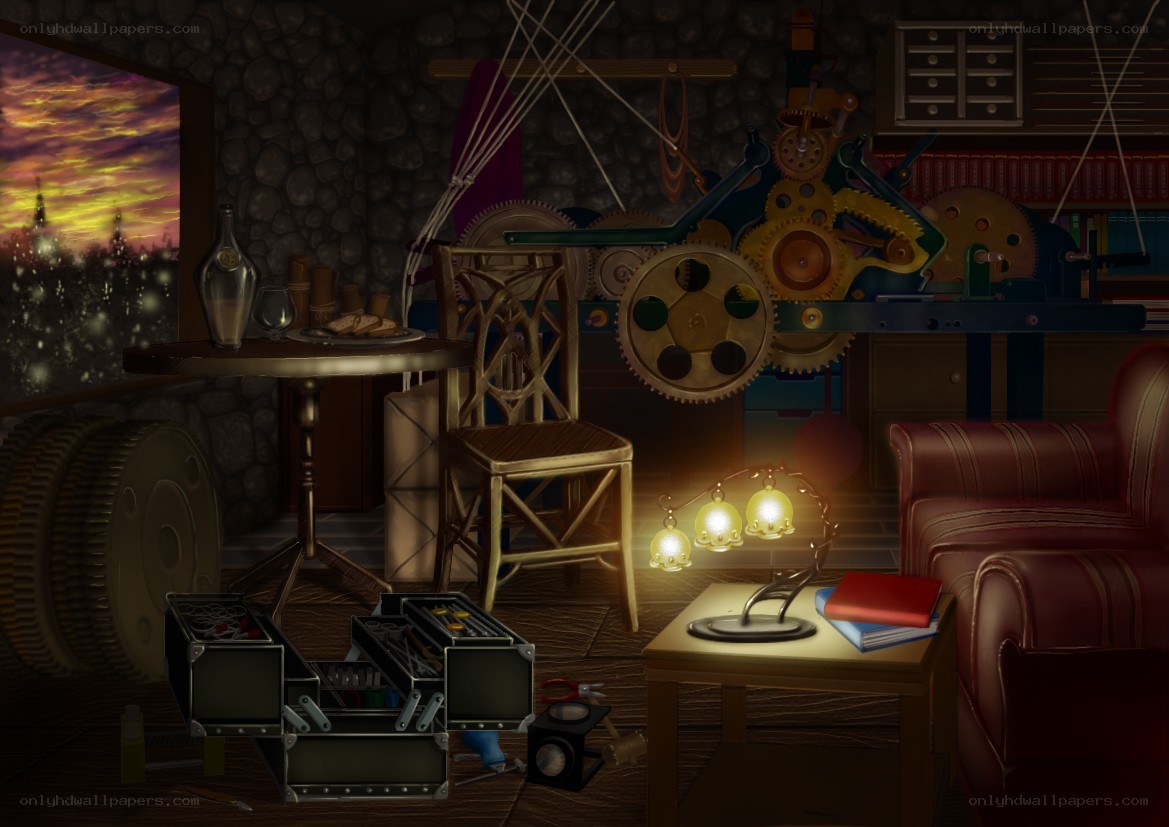 steampunk workshop at dusk