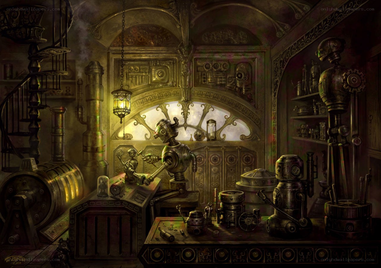 steampunk workshop interior