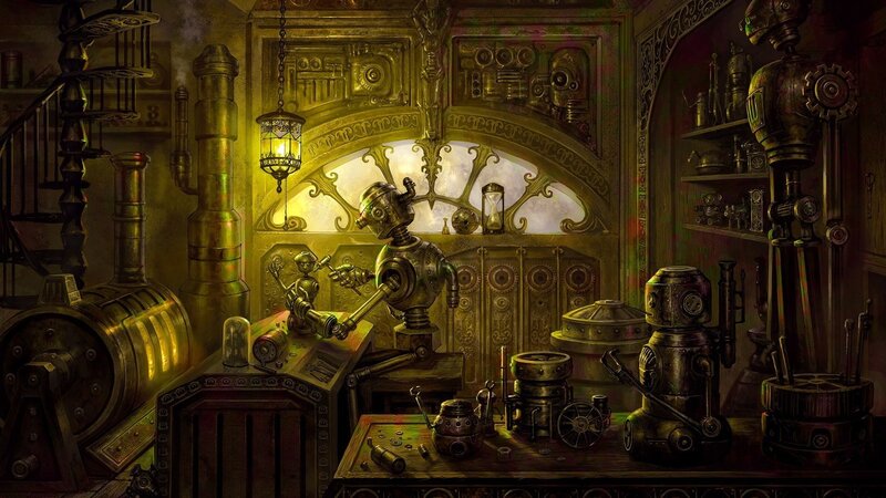 steampunk workshop scene