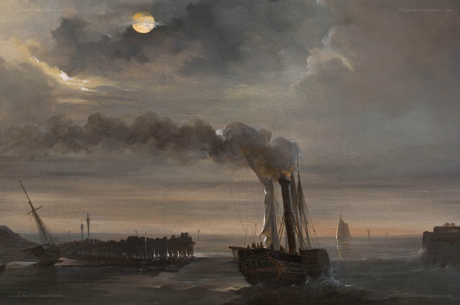 Steamship at Moonlit Harbor