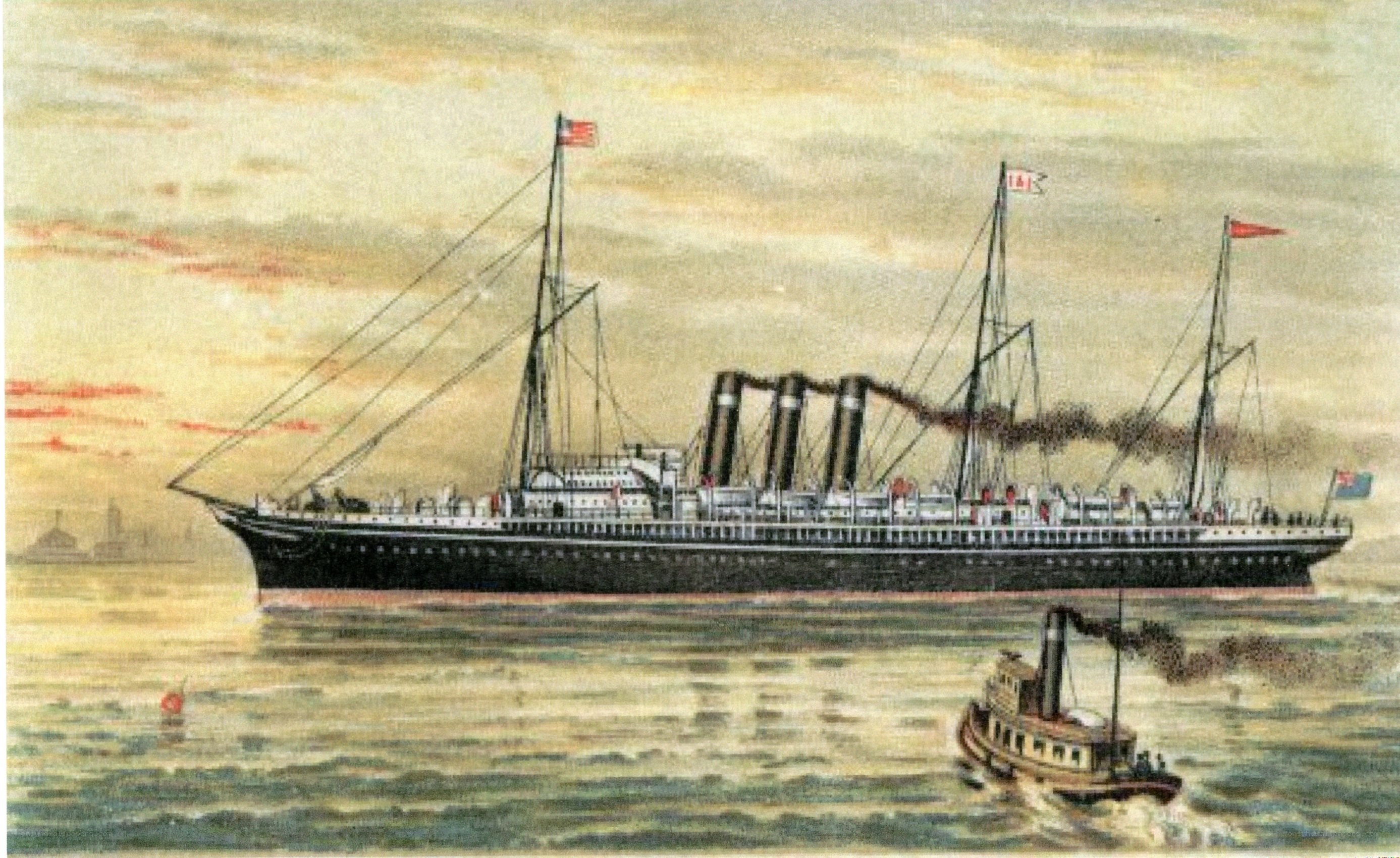 Steamship at sea with tugboat