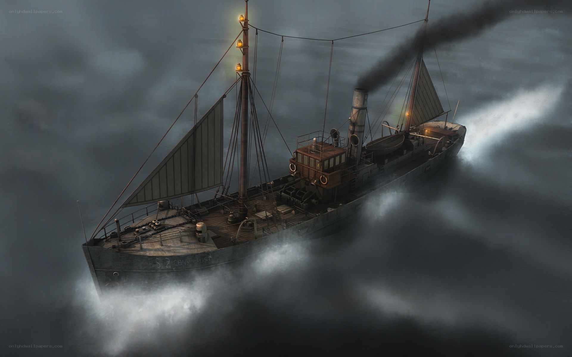 Steamship in stormy sea
