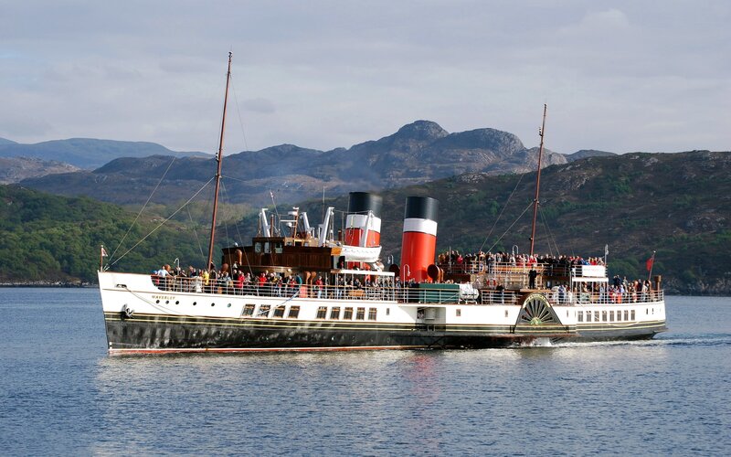 Steamship on a scenic waterway