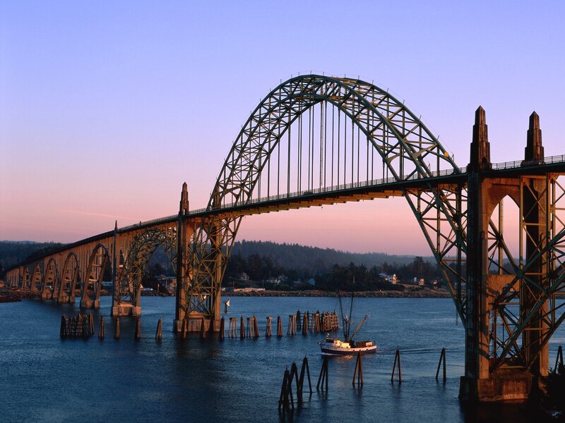 Steel Arch Bridge — Blue, Serene, Sunset, Photograph