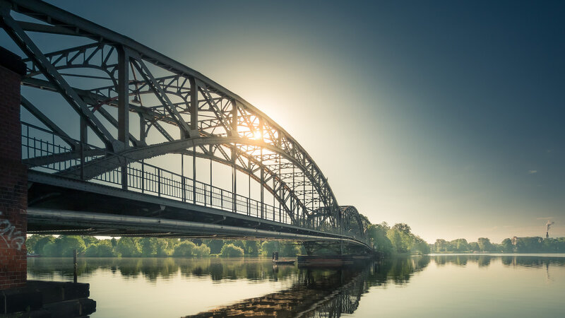 Steel Truss Bridge — Blue, Serene, Sunset