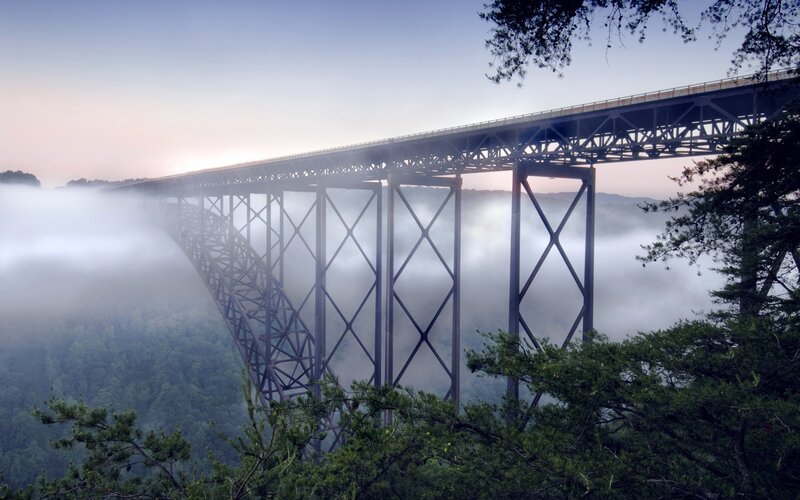 Steel Truss Bridge — Gray, Serene, Morning, Photograph