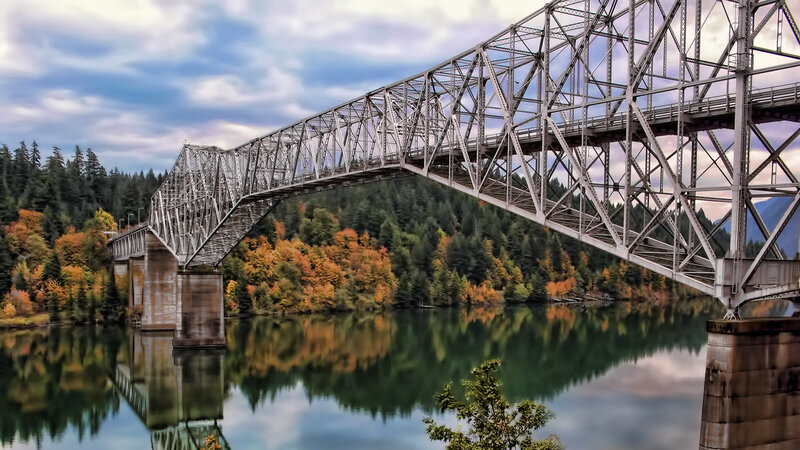 Steel Truss Bridge — Green, Serene, Autumn, Photograph