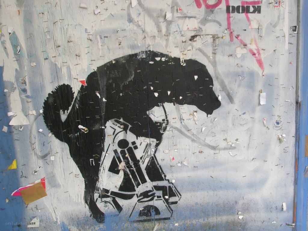 Stenciled dog graffiti on wall