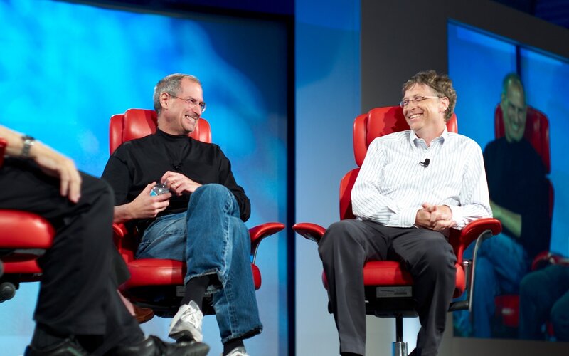 Steve Jobs and Bill Gates on stage