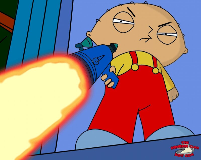 Stewie Griffin with a flamethrower