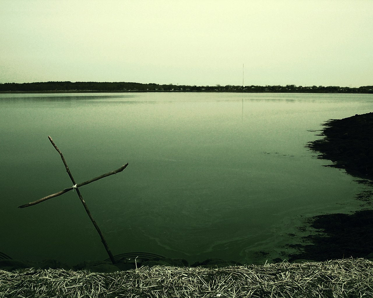 Stick cross by the water