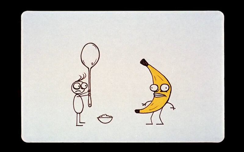 stick figure and banana characters