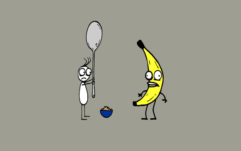 stick figure and banana characters