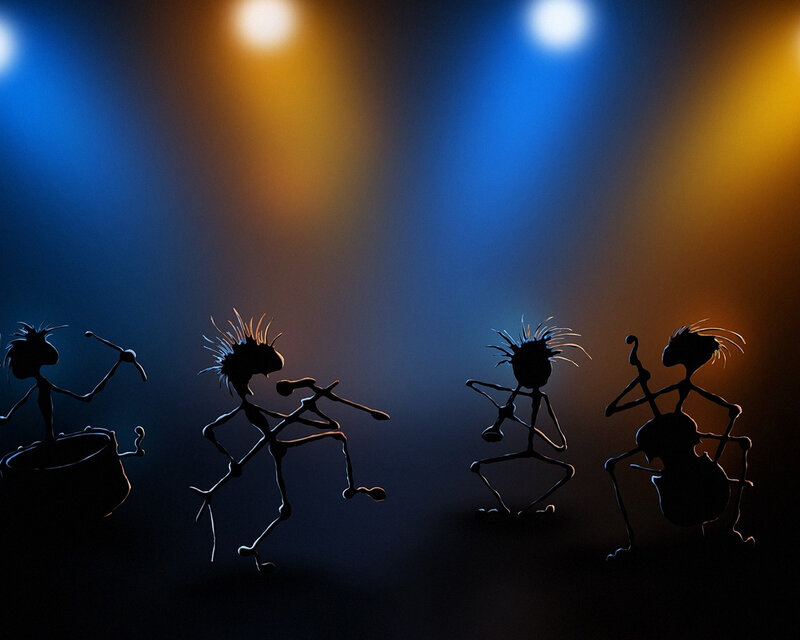 Stick figure band on stage
