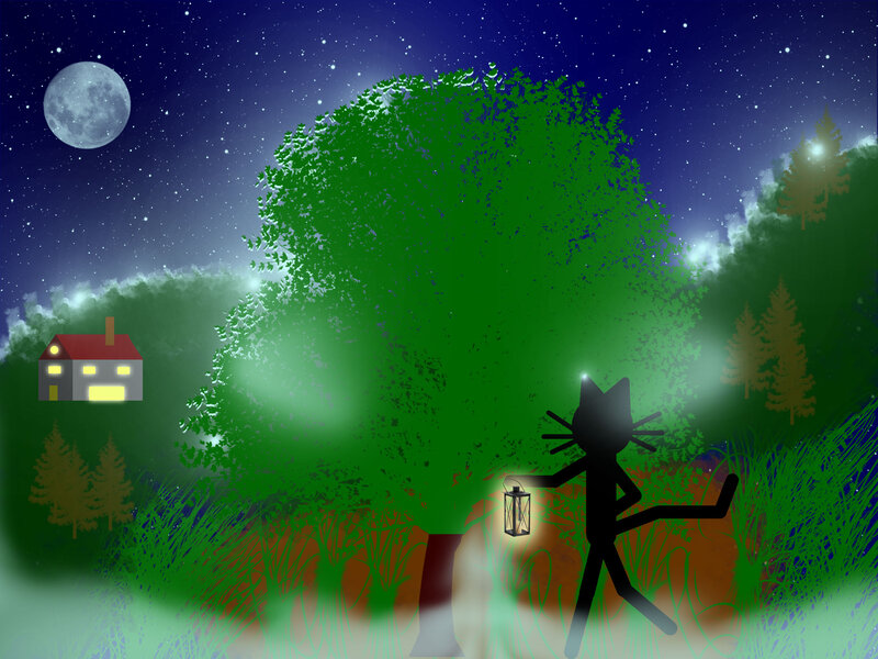 Stick Figure Cat with Lantern