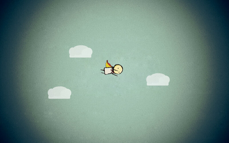Stick figure flying through clouds