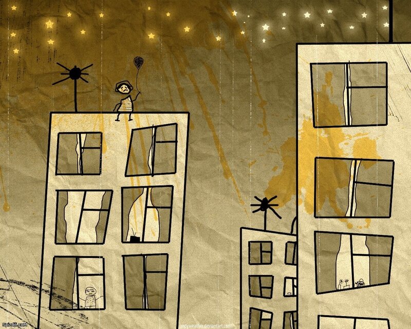 Stick figure on rooftop at night