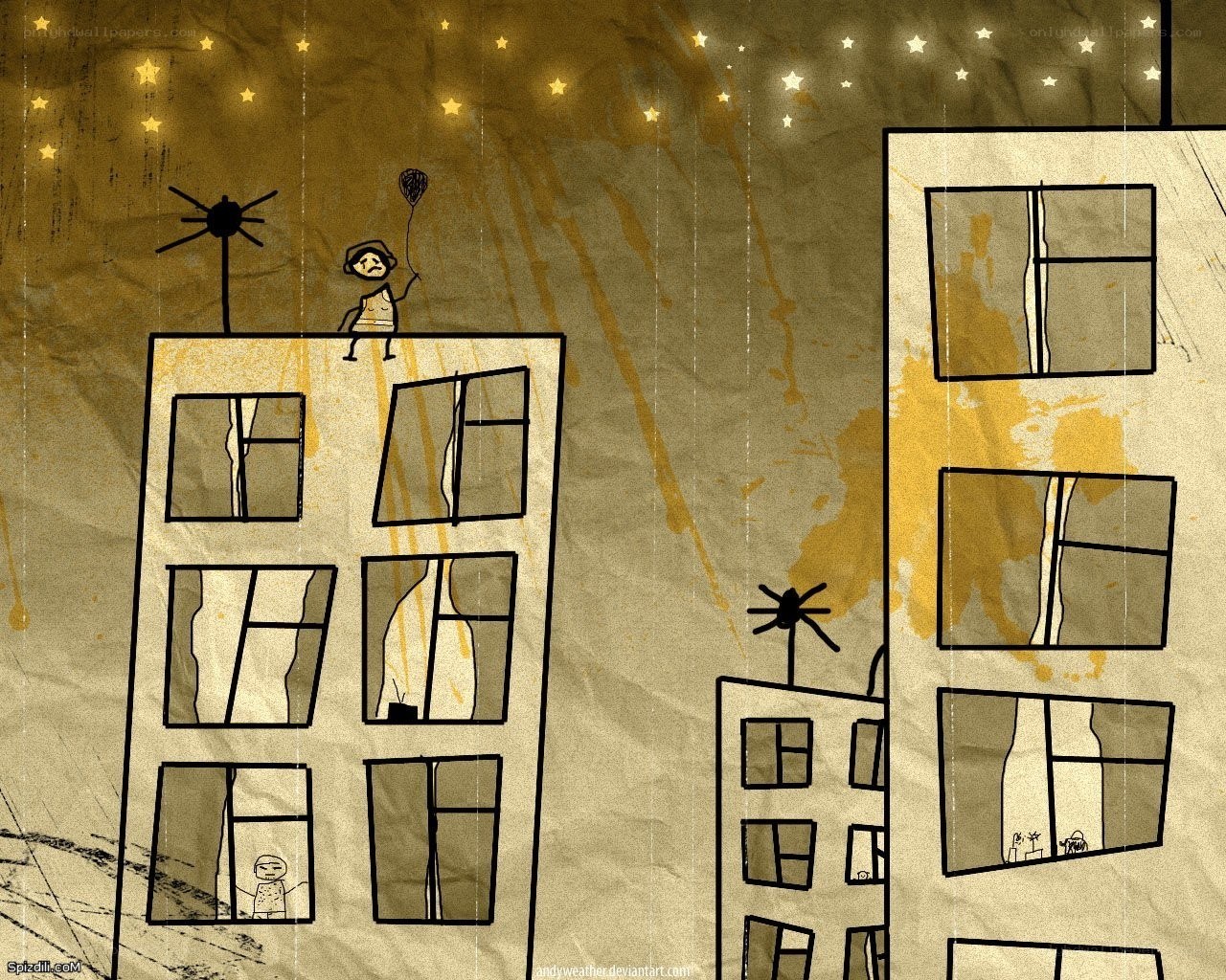 Stick figure on rooftop at night