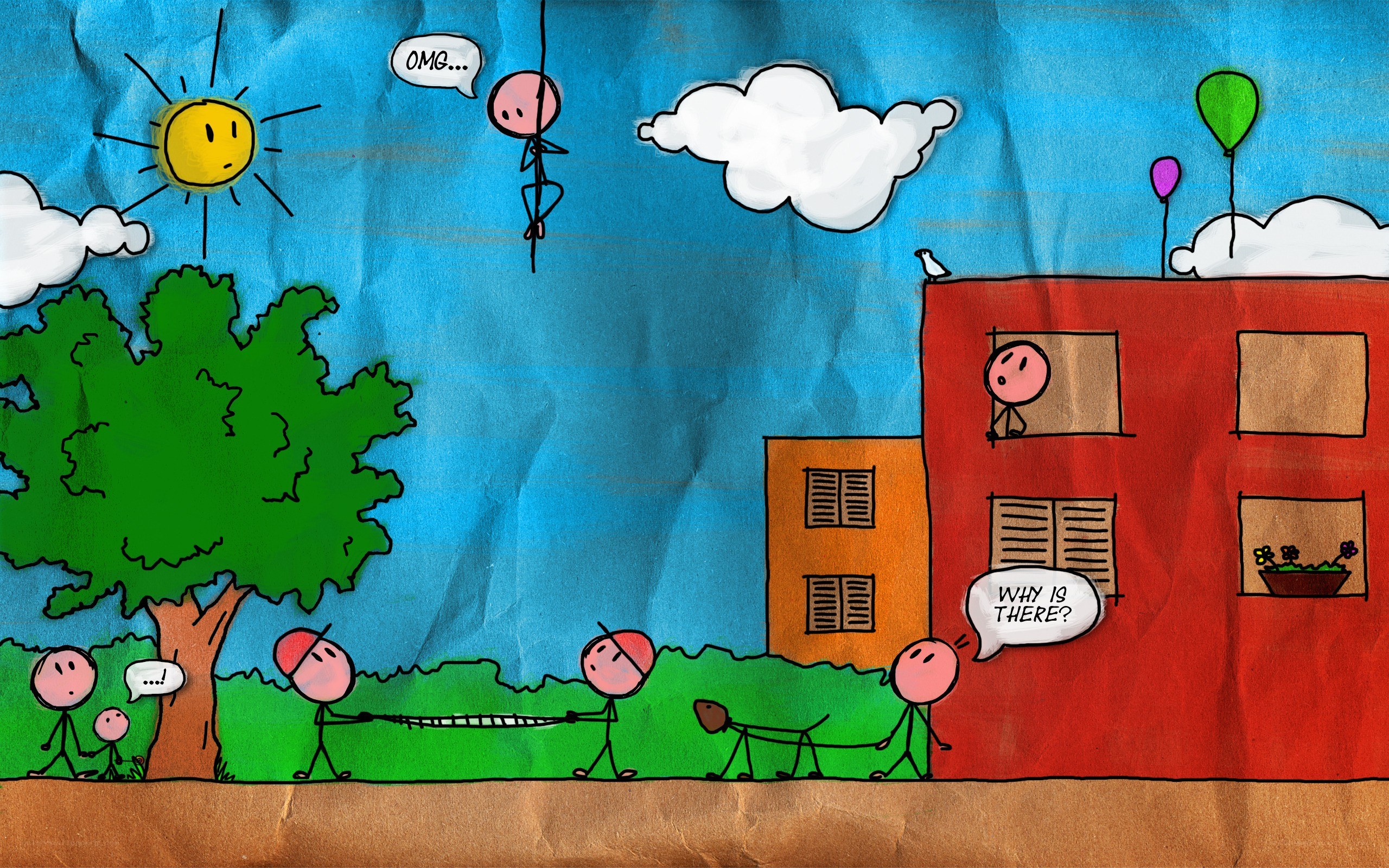 Stick figures in a city