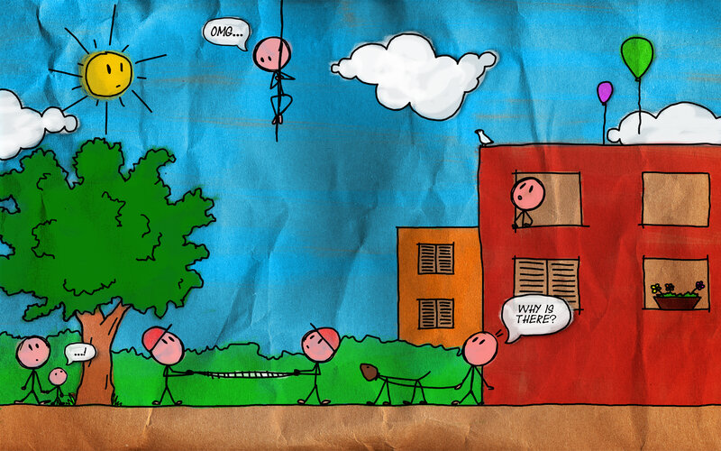 Stick figures in a city
