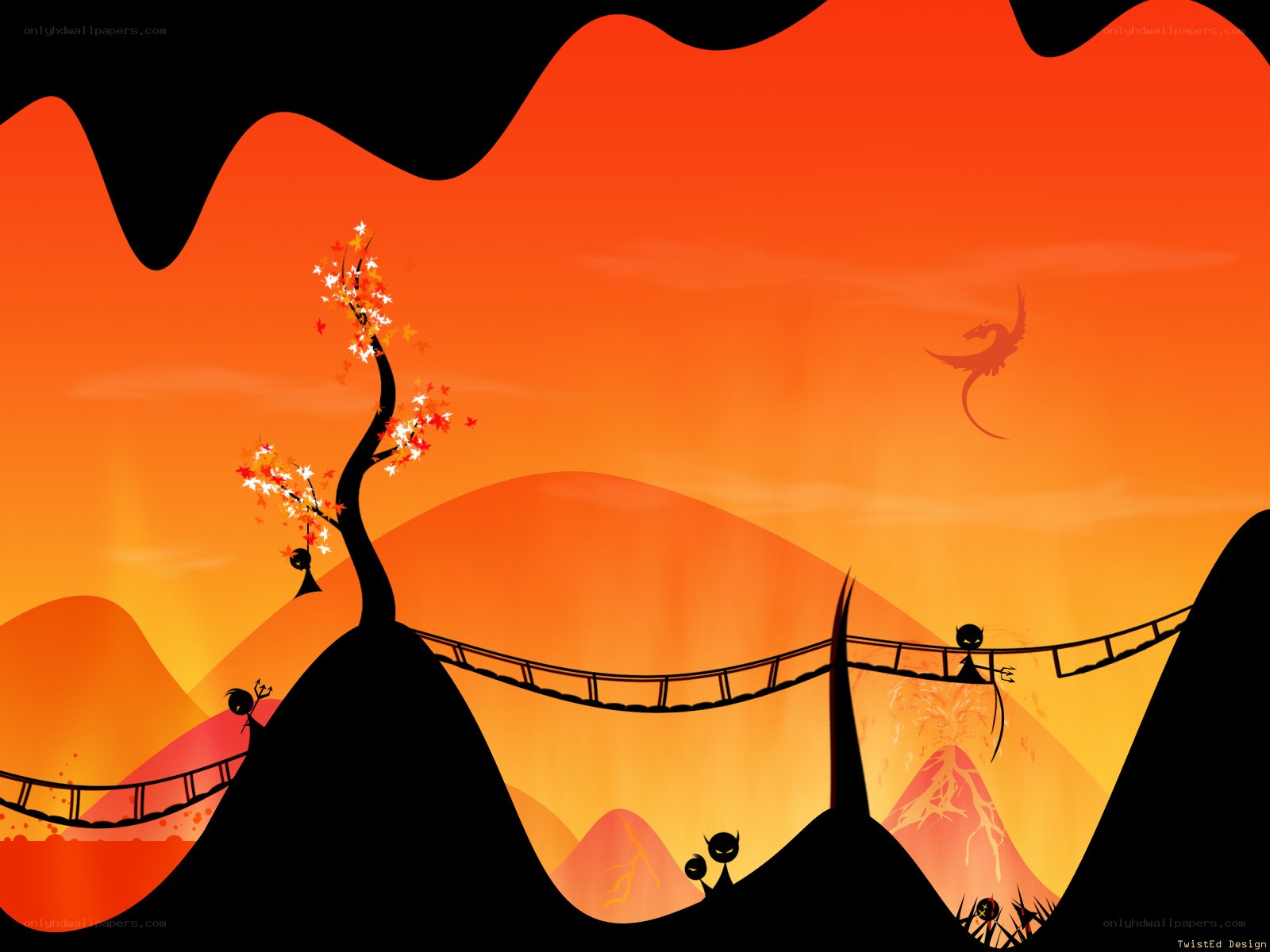 Stick figures on a bridge at sunset