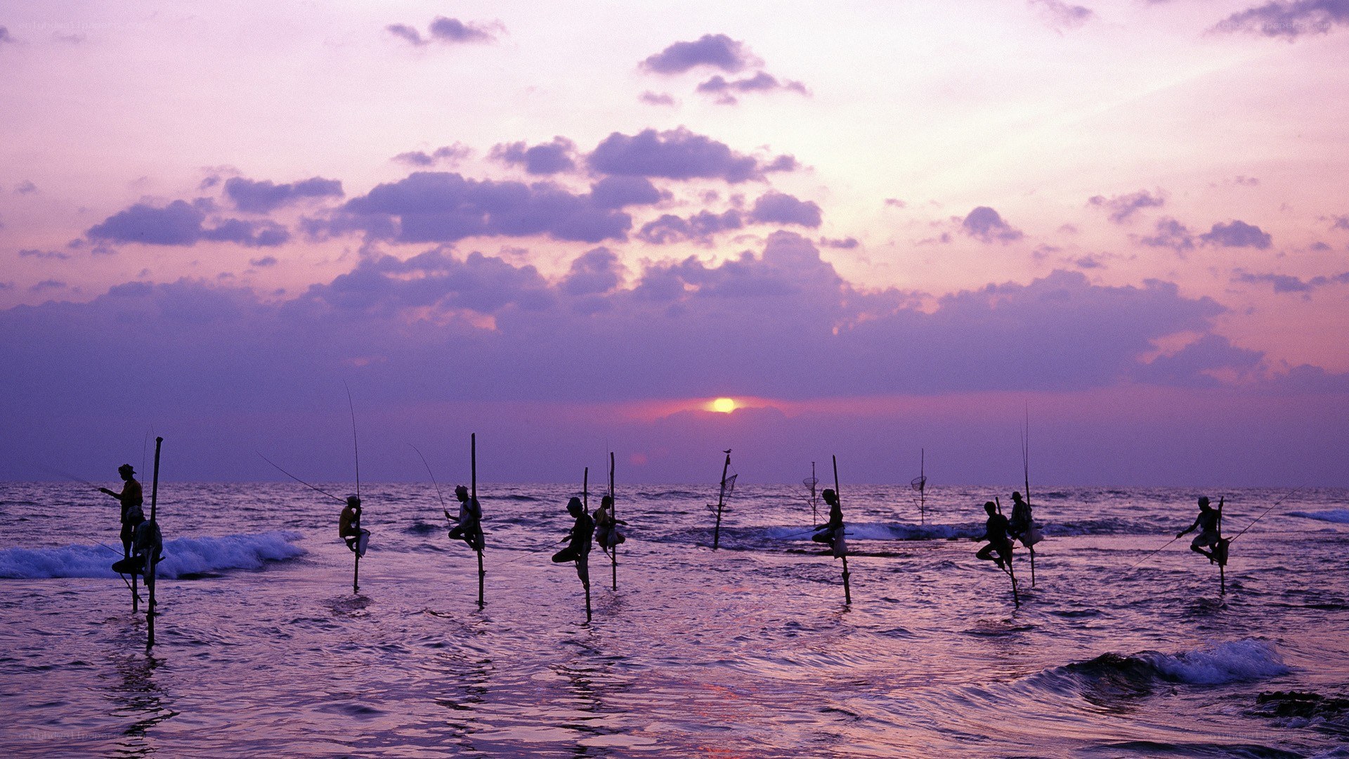 Stick fishermen at sunset