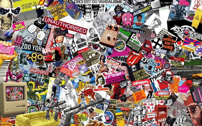 Sticker collage with pop culture imagery