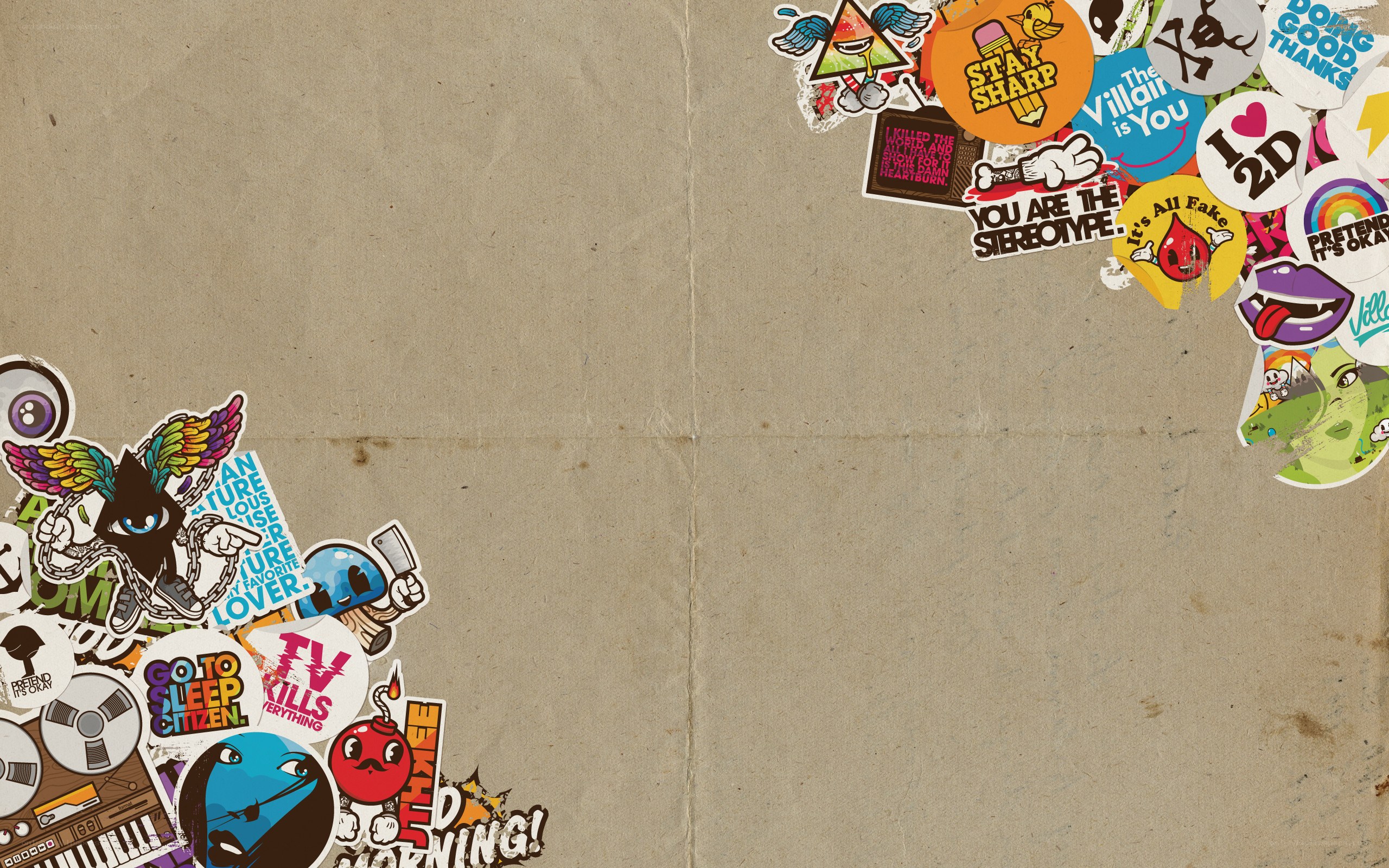 sticker-covered cardboard background