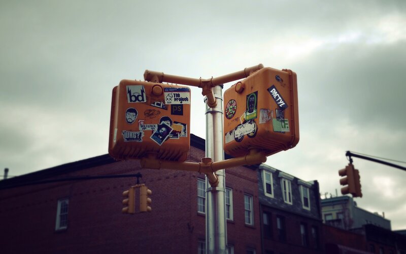 Sticker-covered traffic lights